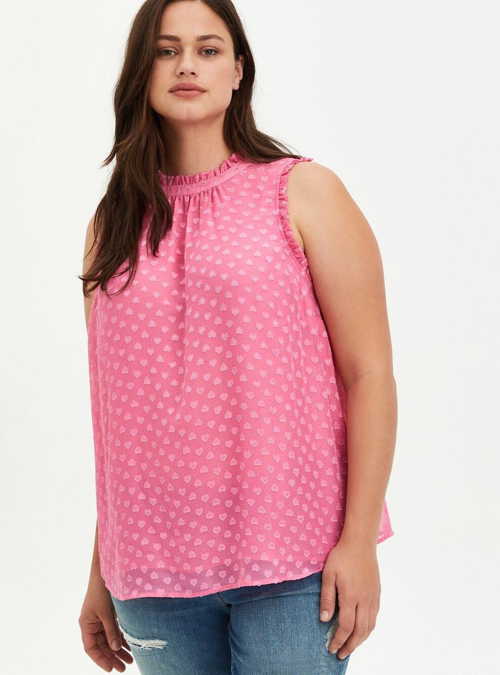 [Torrid] Azalea Pink Heart Clip Dot Print Mock Neck Sleeveless Blouse Size 0X
